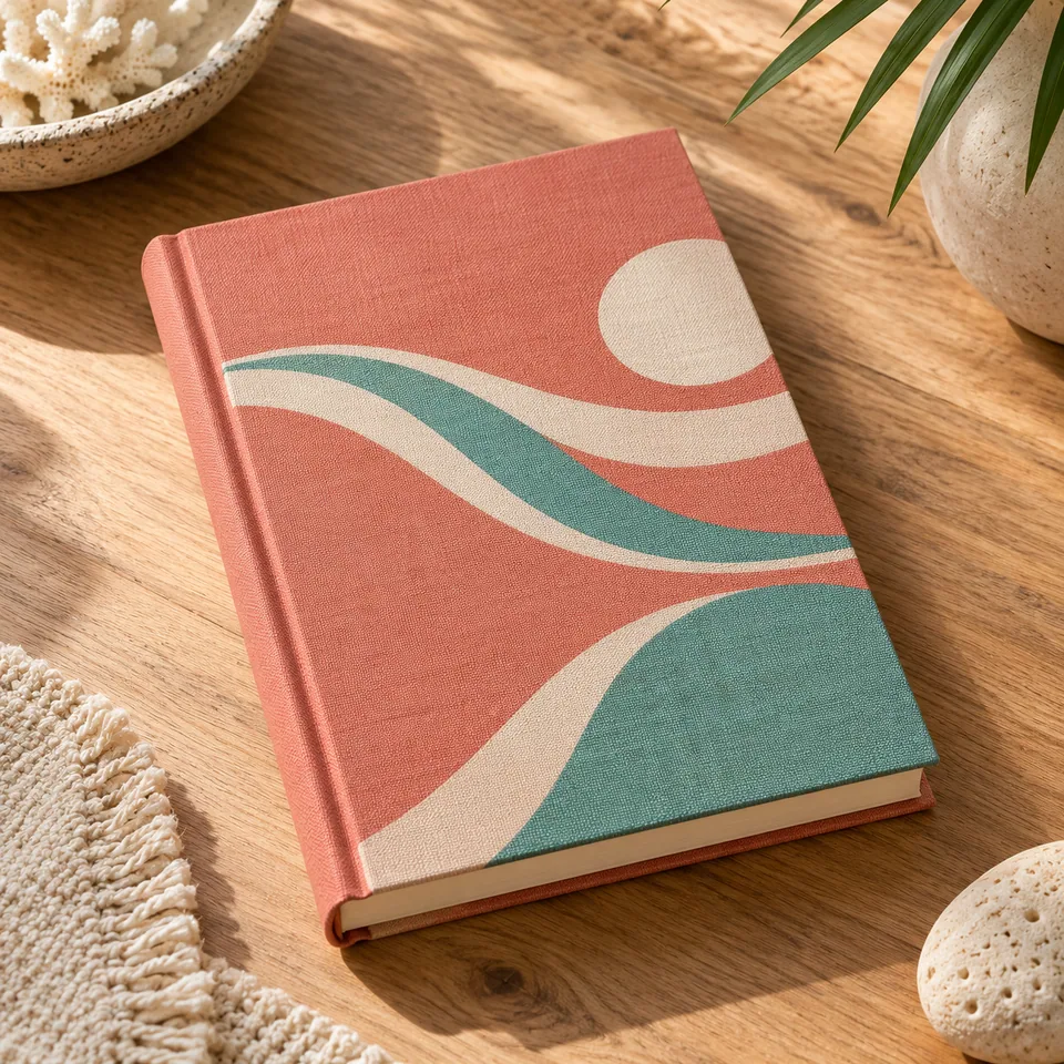 Coral Tide Daily Diary in coral cloth. AI-generated concept visual; final product approval pending.