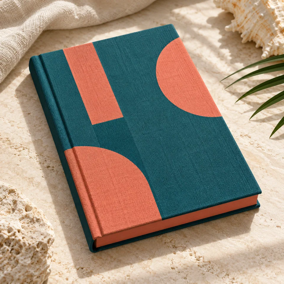 Ocean Teal Blockwork Diary in ocean teal and coral. AI-generated concept visual; final product approval pending.