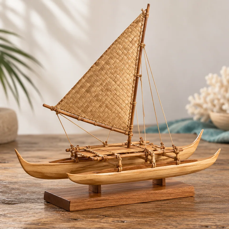 Dawn Sail Drua Miniature in light timber. AI-generated concept visual; final product approval pending.