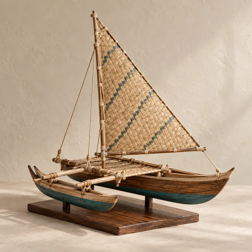Tabletop Drua Miniature Study in woven-look sail. AI-generated concept visual; final product approval pending.