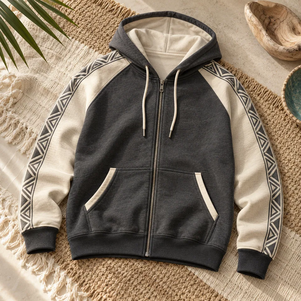 Charcoal Hood-Trim Zip Hoodie in charcoal and cream. AI-generated concept visual; final product approval pending.