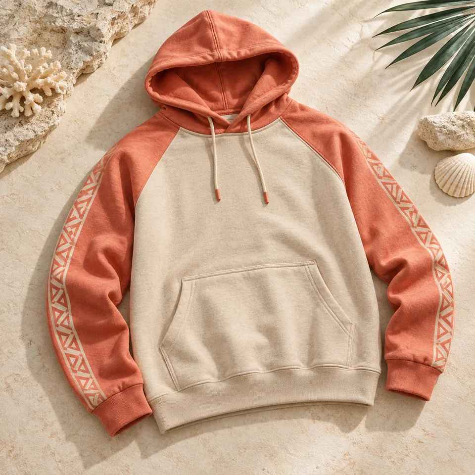 Coral & Sand Raglan Hoodie in coral and sand. AI-generated concept visual; final product approval pending.
