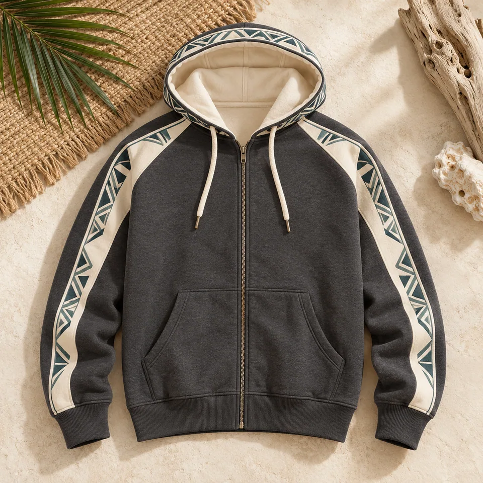 Charcoal Hood-Trim Zip Hoodie Study II in charcoal and cream. AI-generated concept visual; final product approval pending.