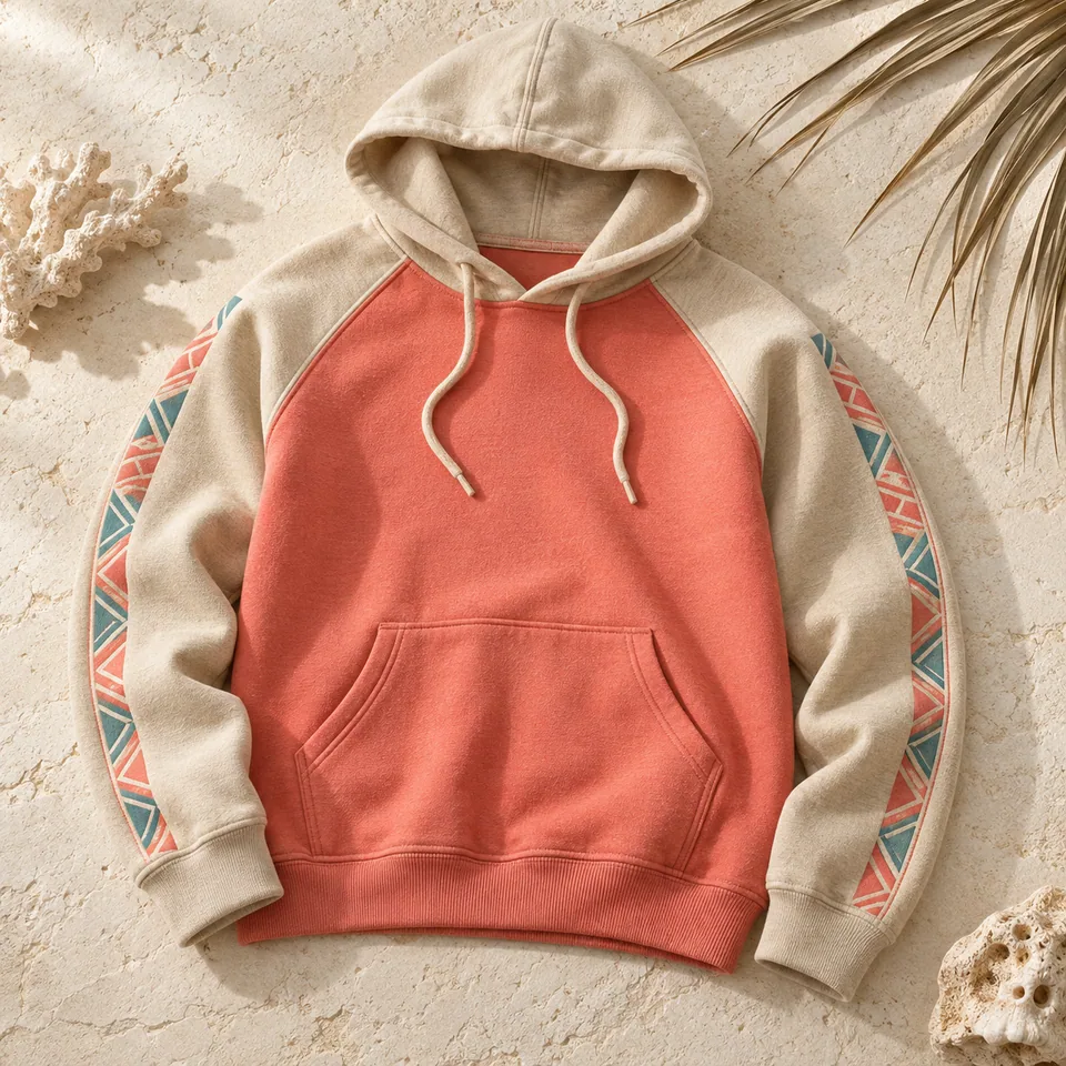 Coral & Sand Raglan Hoodie Study II in coral and sand. AI-generated concept visual; final product approval pending.