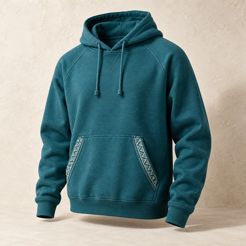 Ocean Teal Pocket-Trim Hoodie in ocean teal. AI-generated concept visual; final product approval pending.