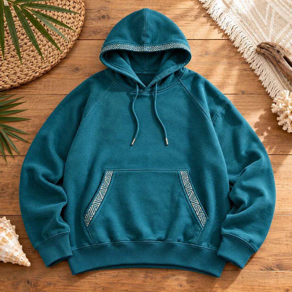 Ocean Teal Pocket-Trim Hoodie Study II in ocean teal. AI-generated concept visual; final product approval pending.