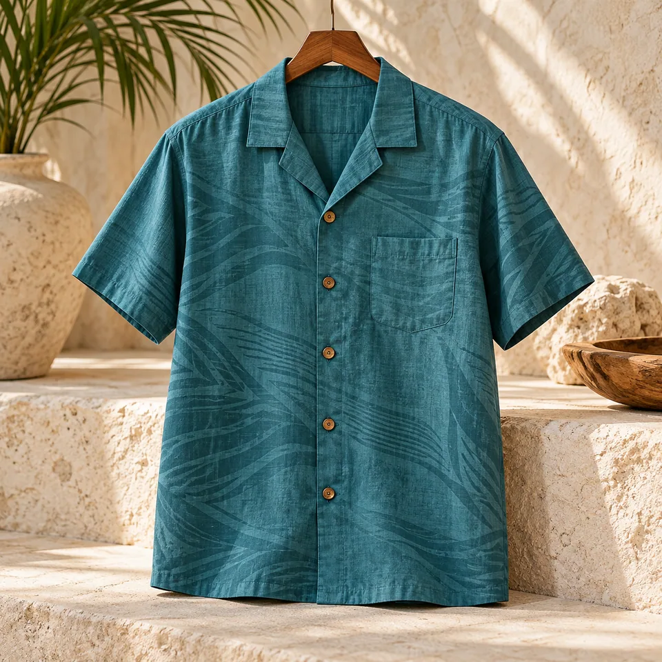 Men’s Ocean Teal Camp Shirt Study II in ocean teal. AI-generated concept visual; final product approval pending.