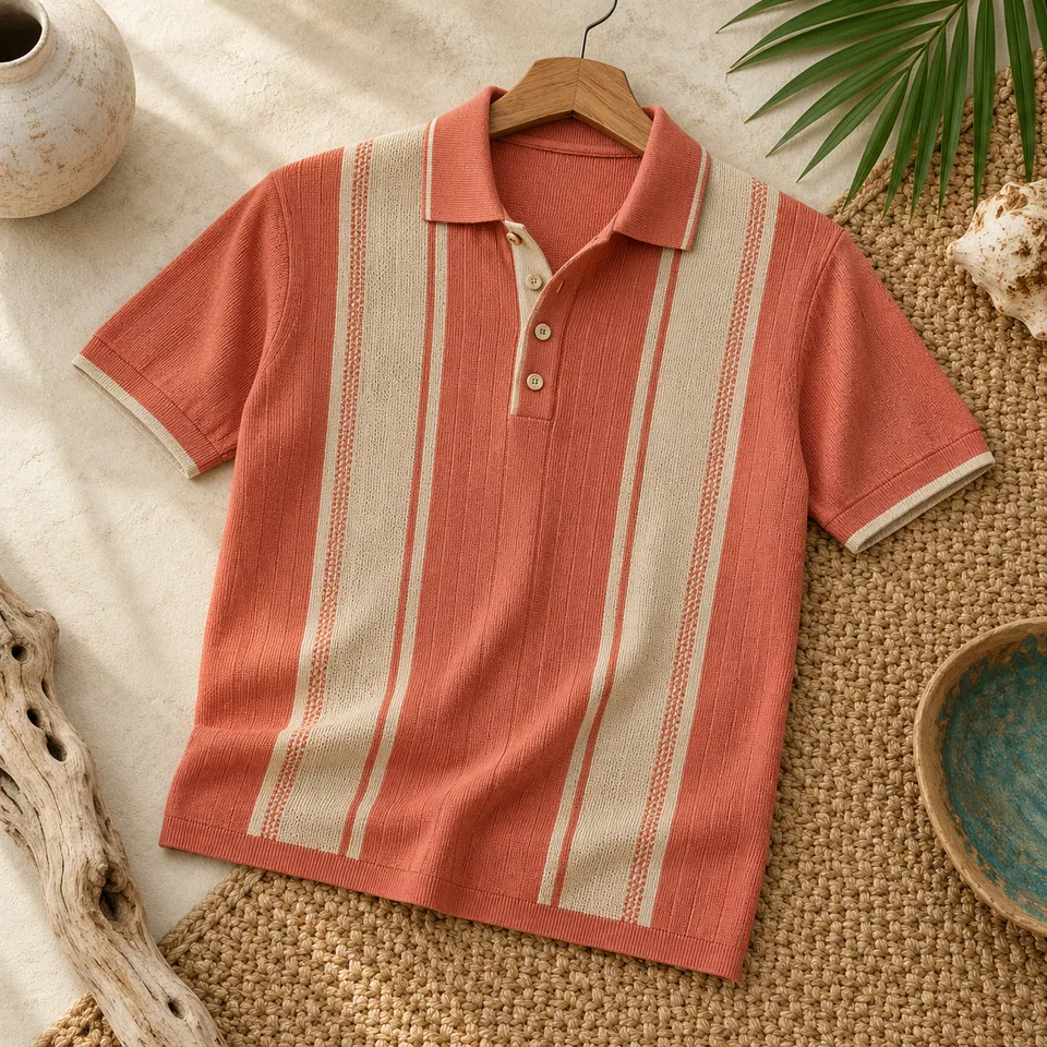Men’s Coral Knit Polo in coral and sand. AI-generated concept visual; final product approval pending.