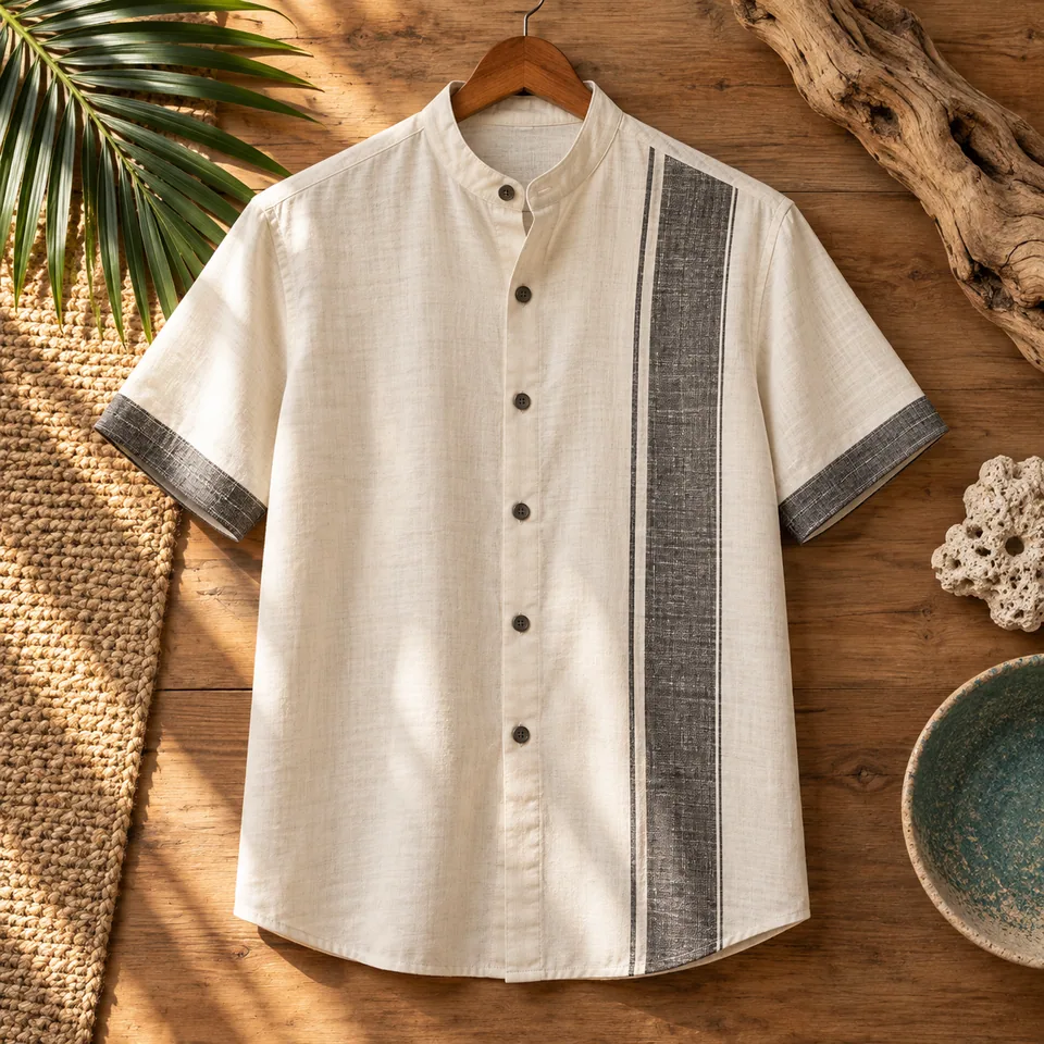 Men’s Cream Band-Collar Shirt Study II in cream and charcoal. AI-generated concept visual; final product approval pending.
