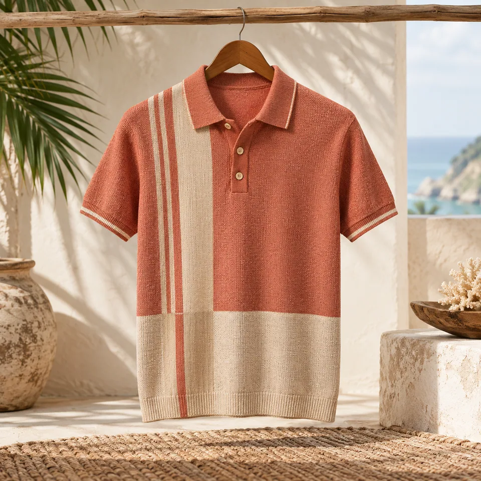 Men’s Coral Knit Polo Study II in coral and sand. AI-generated concept visual; final product approval pending.