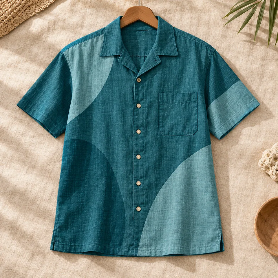 Men’s Ocean Teal Camp Shirt in ocean teal. AI-generated concept visual; final product approval pending.
