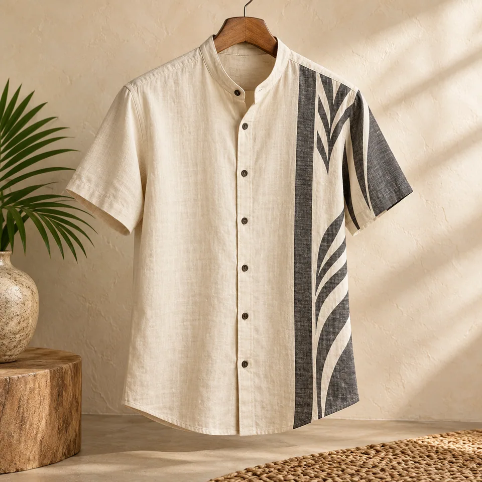 Men’s Cream Band-Collar Shirt in cream and charcoal. AI-generated concept visual; final product approval pending.