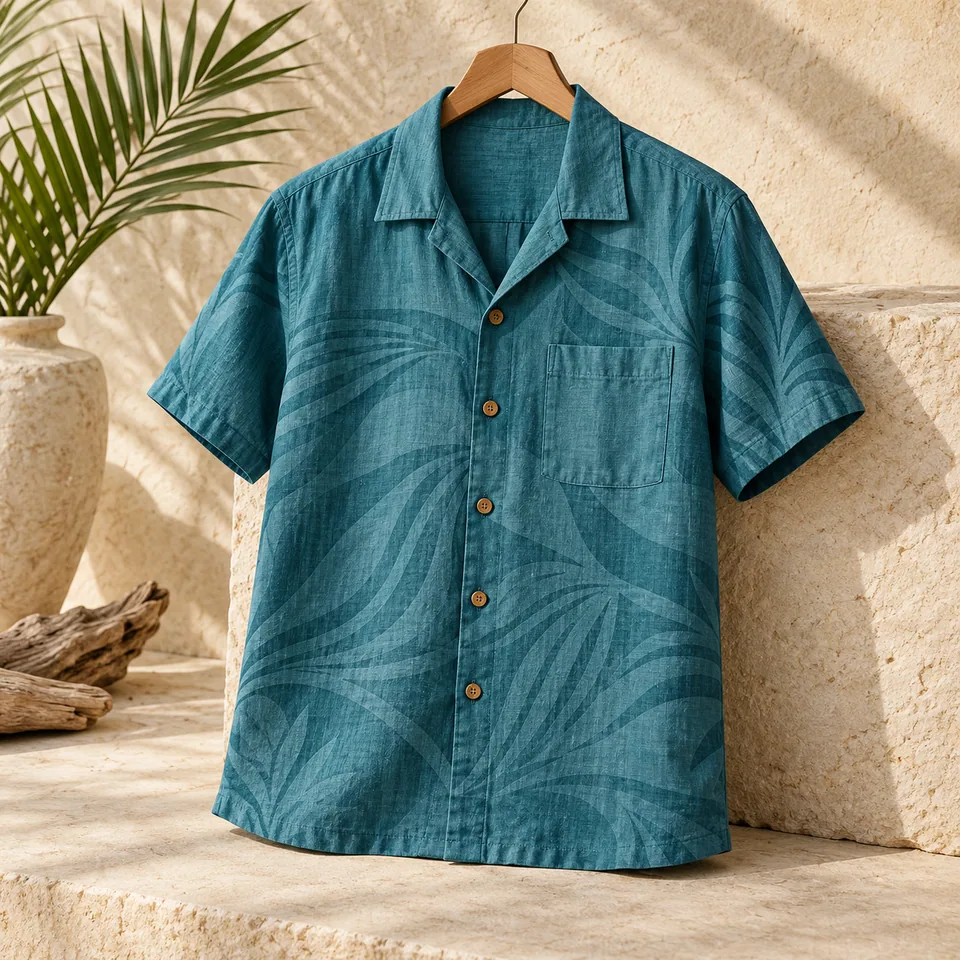 Men’s Ocean Teal Camp Shirt Study III in ocean teal. AI-generated concept visual; final product approval pending.