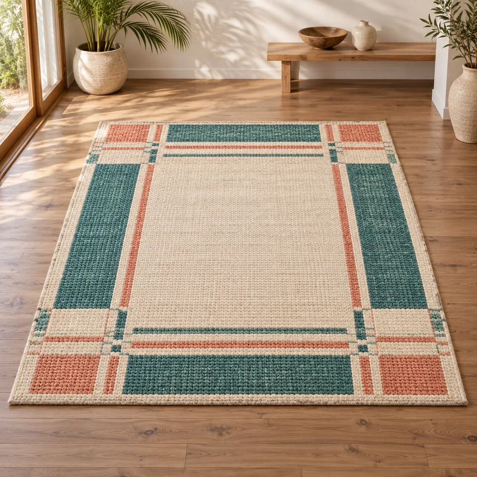 Coral Block Area Rug in cream, teal and coral. AI-generated concept visual; final product approval pending.