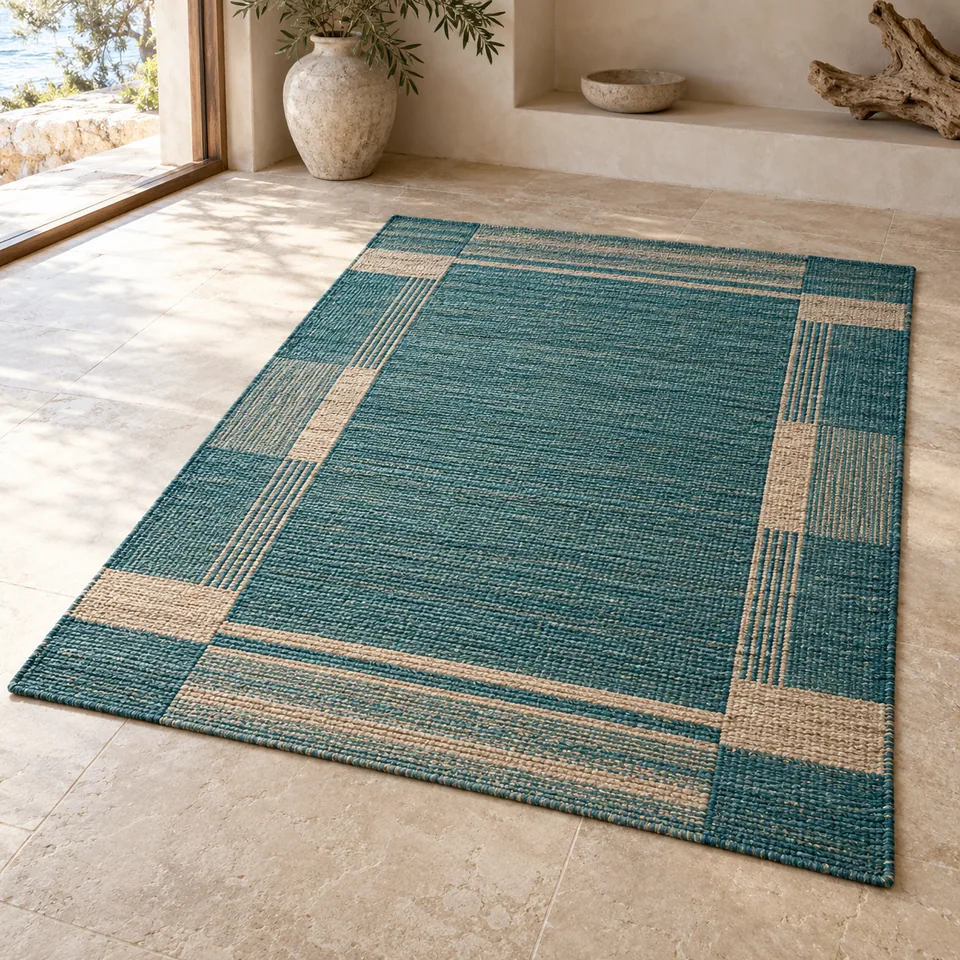 Lagoon Current Rug Study II in ocean teal. AI-generated concept visual; final product approval pending.