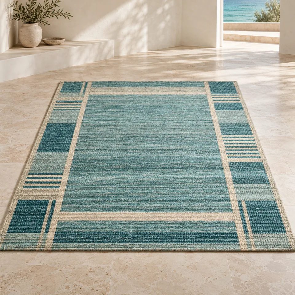 Lagoon Current Area Rug in ocean teal. AI-generated concept visual; final product approval pending.
