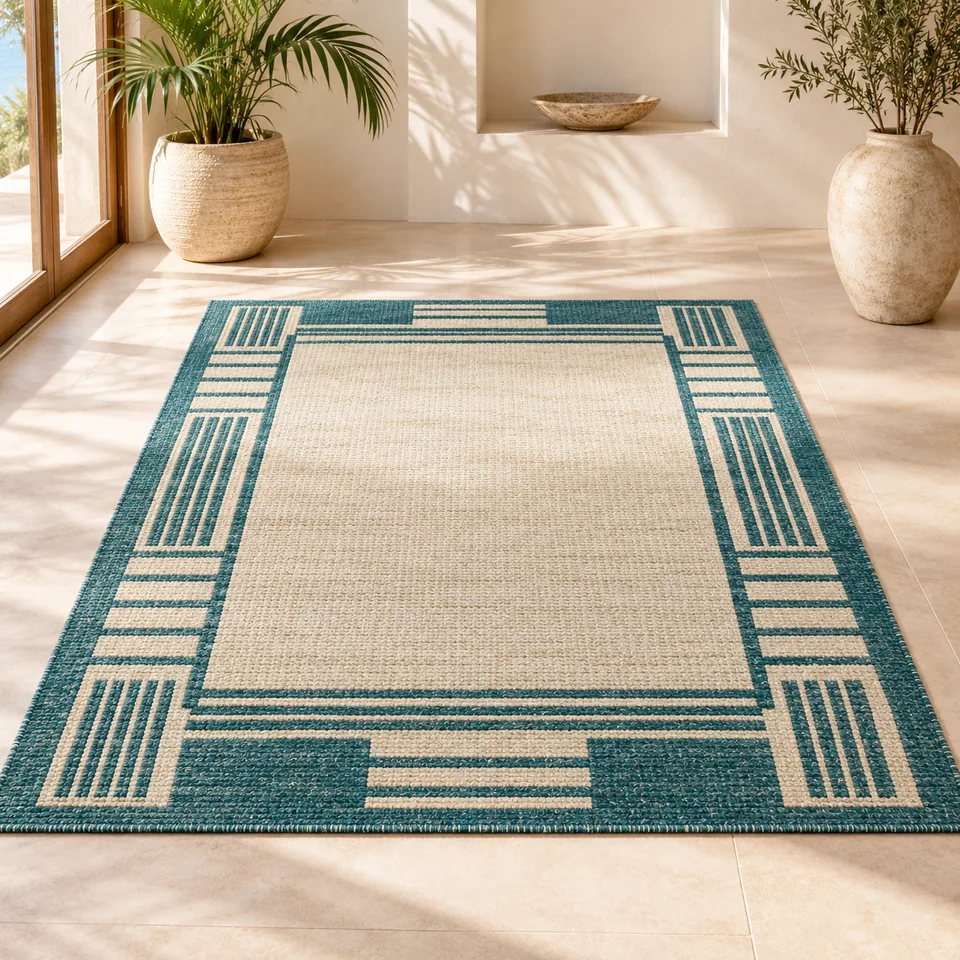 Ocean Bar Rhythm Rug in ocean teal and cream. AI-generated concept visual; final product approval pending.