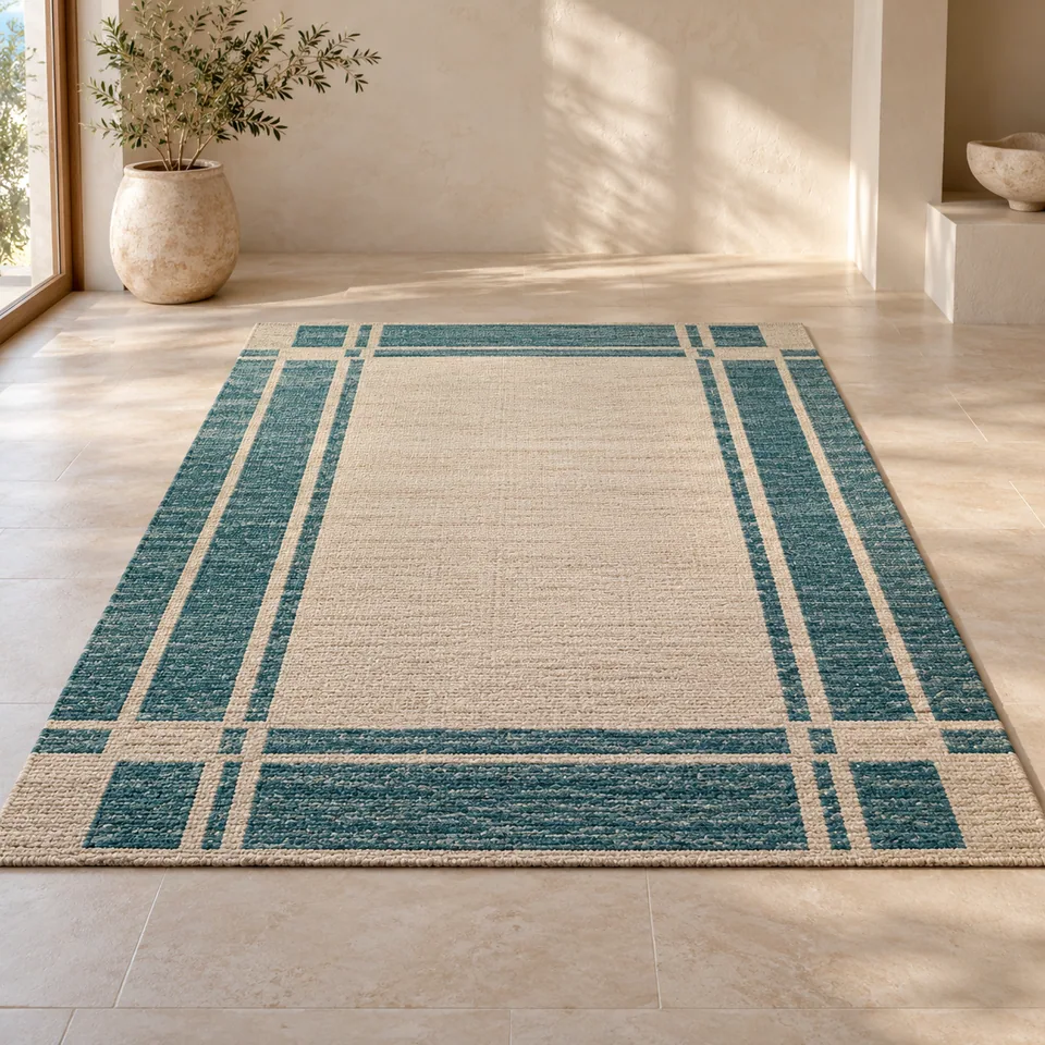Ocean Bar Rug Study II in ocean teal and cream. AI-generated concept visual; final product approval pending.