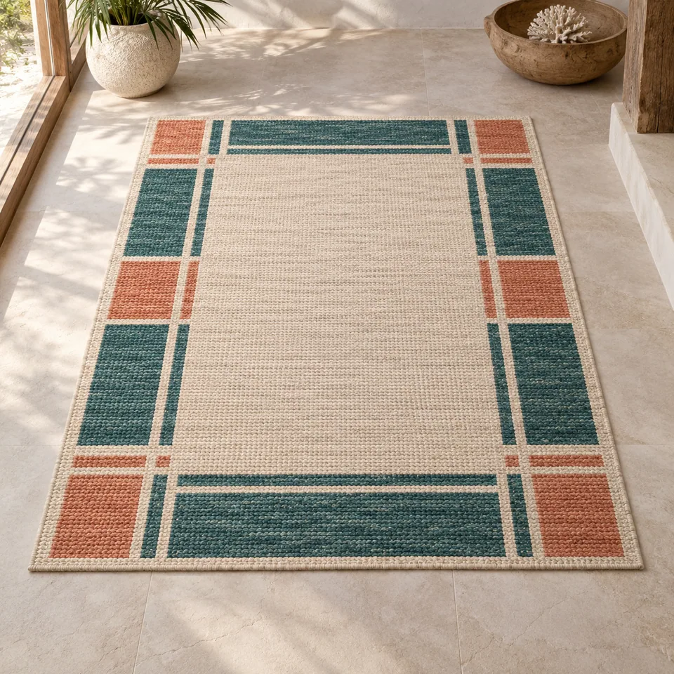 Coral Block Rug Study II in cream, teal and coral. AI-generated concept visual; final product approval pending.