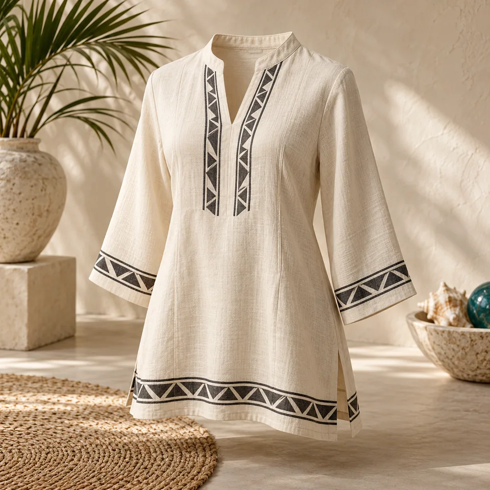 Women’s Cream Split-Neck Tunic in cream and charcoal. AI-generated concept visual; final product approval pending.