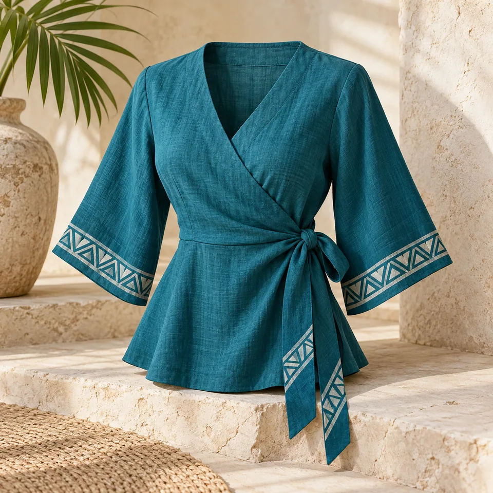 Women’s Ocean Teal Wrap Blouse Study III in ocean teal. AI-generated concept visual; final product approval pending.