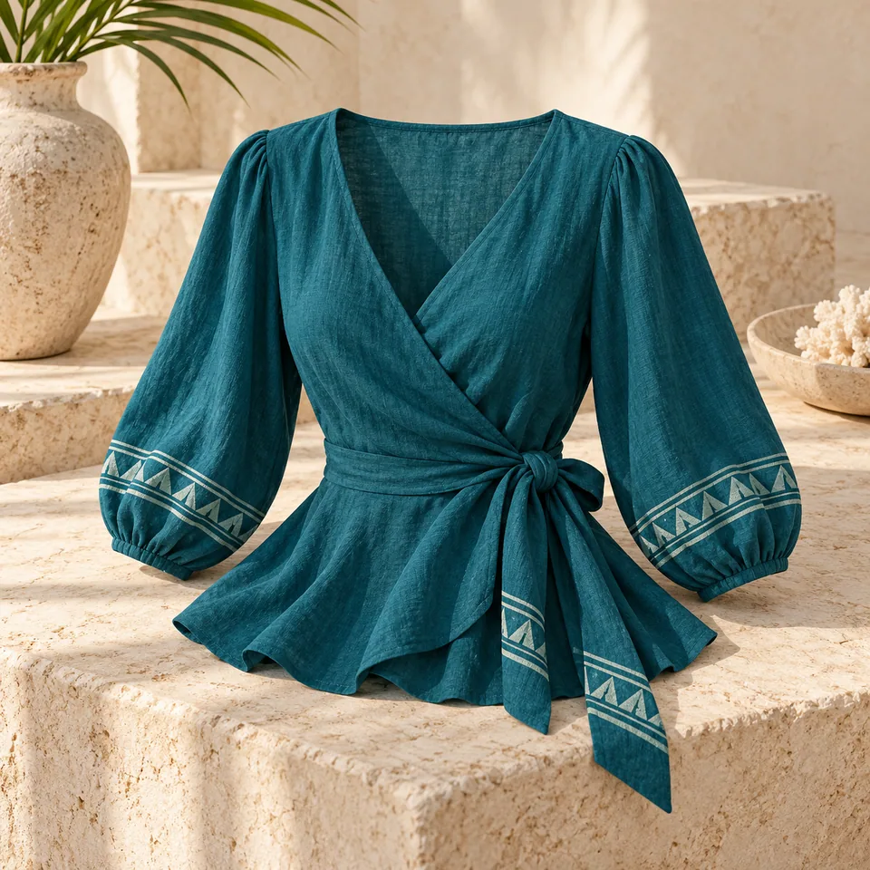 Women’s Ocean Teal Wrap Blouse Study II in ocean teal. AI-generated concept visual; final product approval pending.