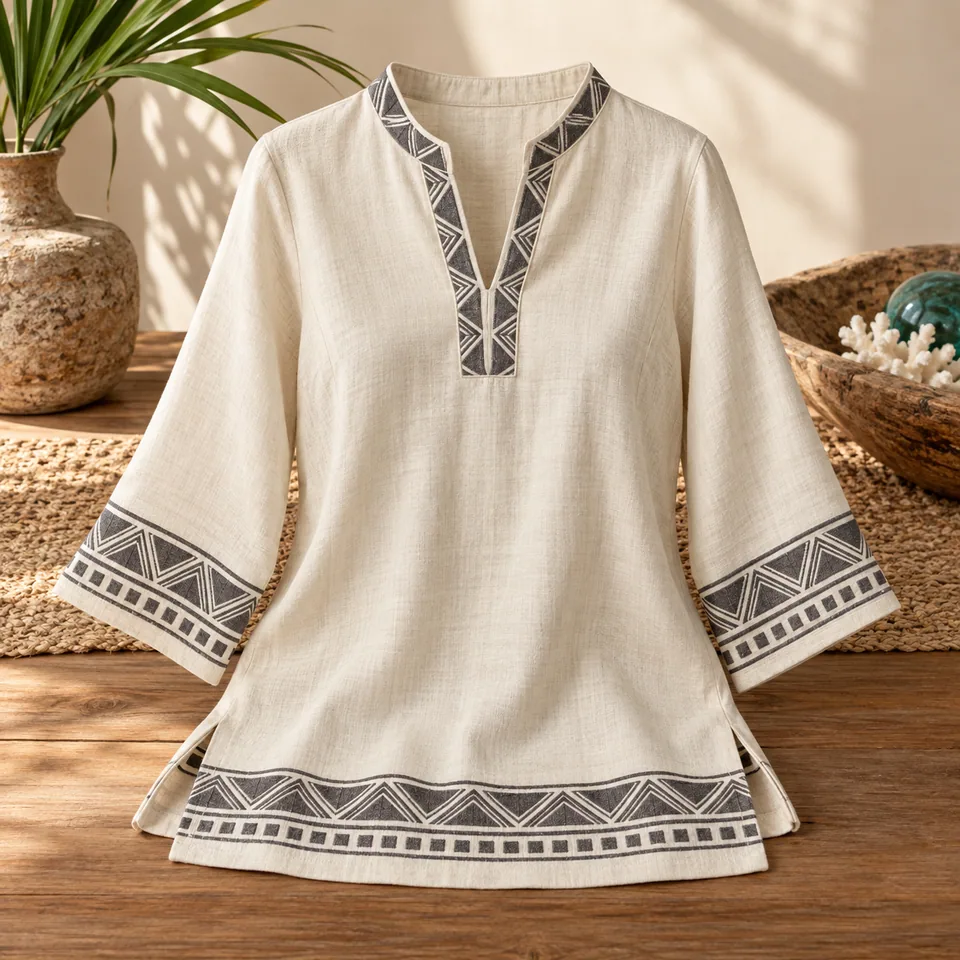 Women’s Cream Split-Neck Tunic Study II in cream and charcoal. AI-generated concept visual; final product approval pending.