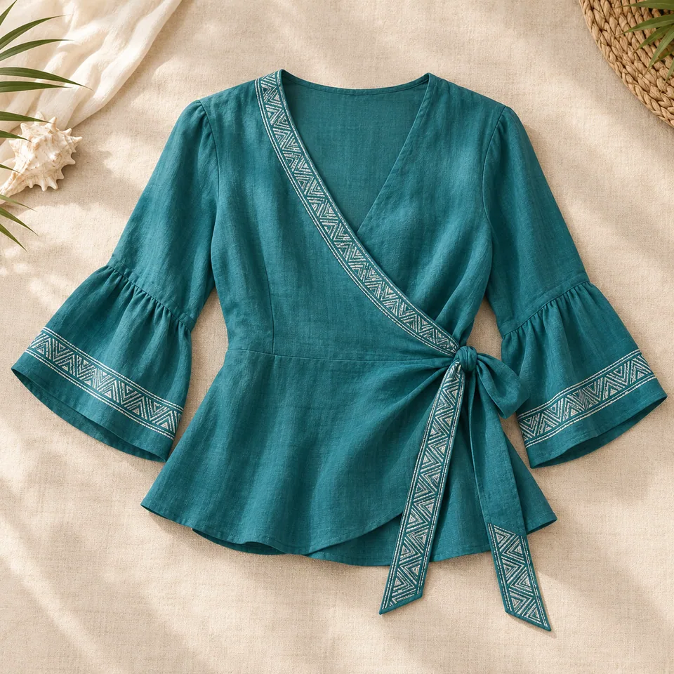 Women’s Ocean Teal Wrap Blouse in ocean teal. AI-generated concept visual; final product approval pending.