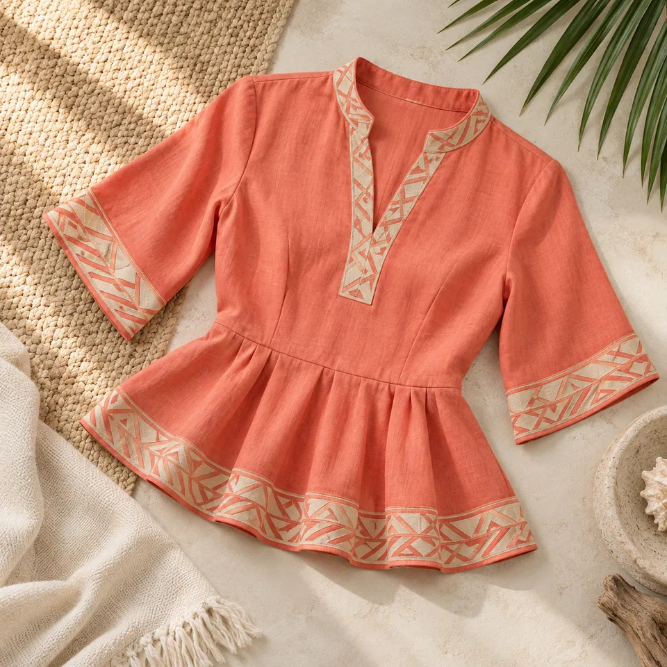 Women’s Coral Peplum Shirt in coral and sand. AI-generated concept visual; final product approval pending.