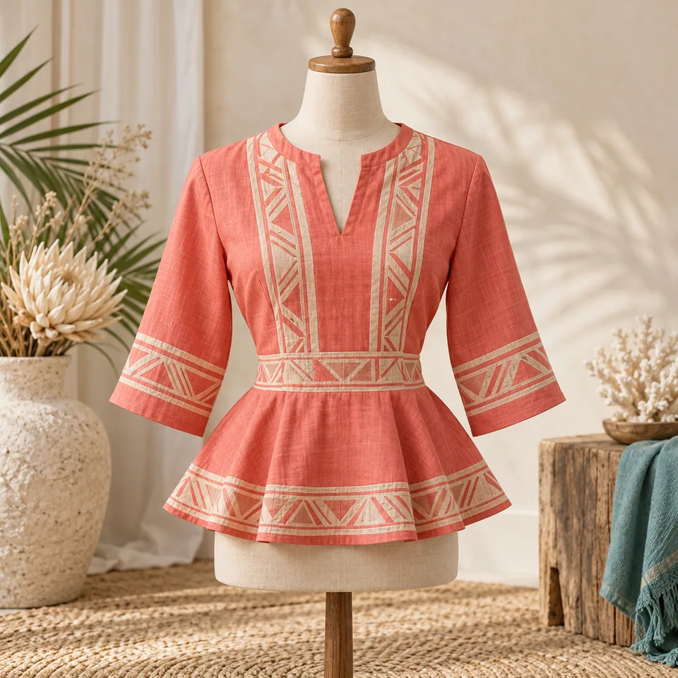 Women’s Coral Peplum Shirt Study II in coral and sand. AI-generated concept visual; final product approval pending.
