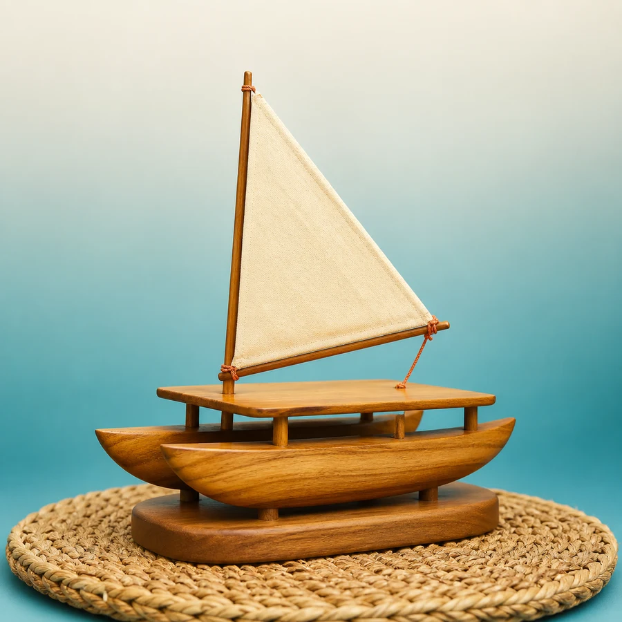 Photoreal still of a tabletop drua miniature with unequal hulls and a triangular sail on a display base