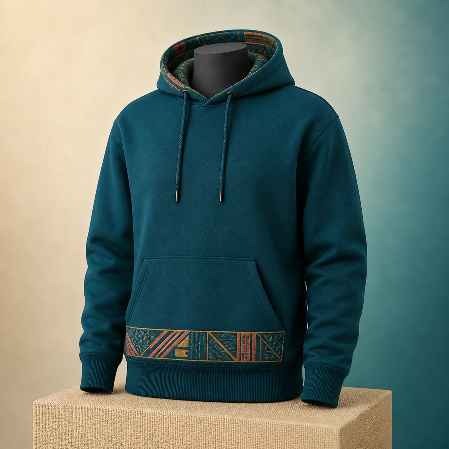 Photoreal still of a coral pullover hoodie with cream hood lining, laid flat