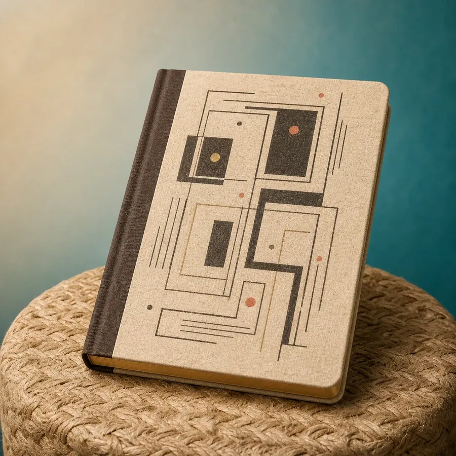 Photoreal still of a hardcover diary with original geometric cover