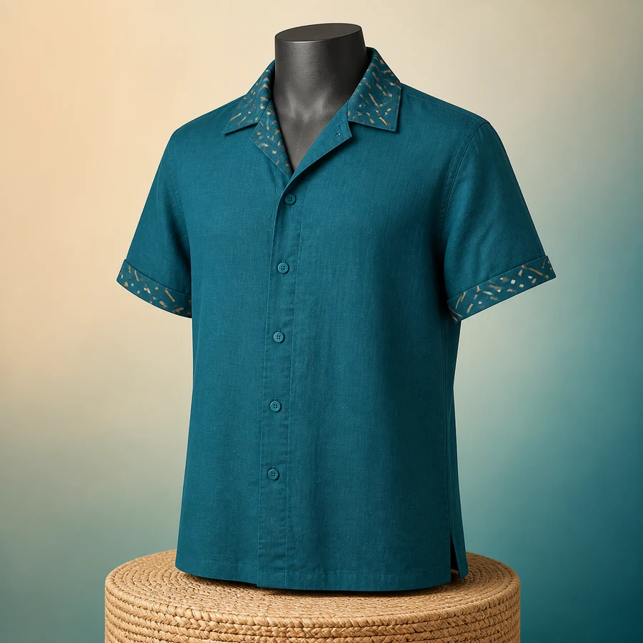 Photoreal still of a teal and cream geometric camp shirt on a hanger