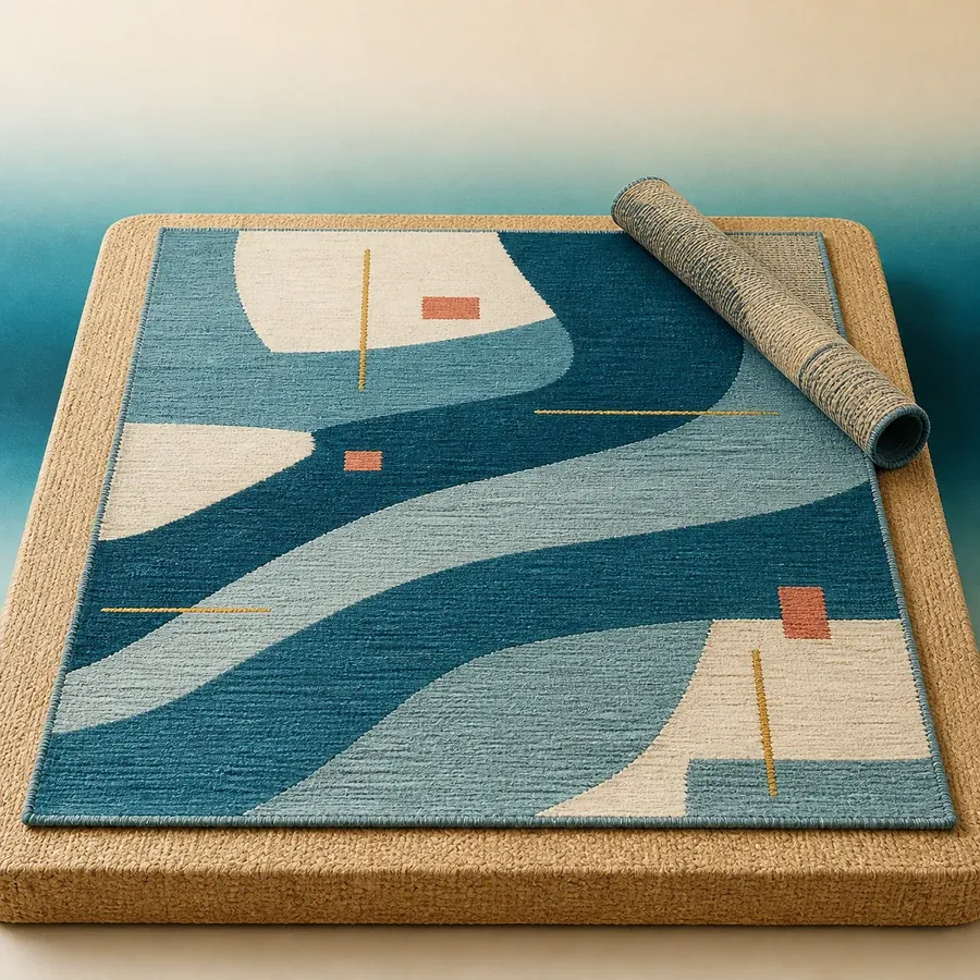 Photoreal still of a cream and teal geometric area rug