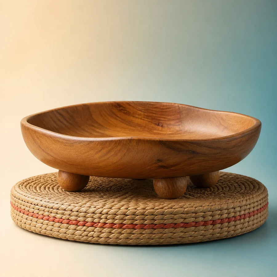 Photoreal still of a four-legged tanoa-inspired display bowl in dark timber