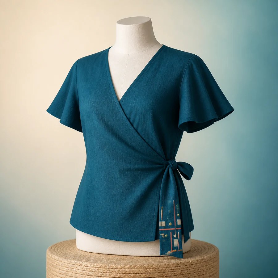Photoreal still of a teal wrap blouse on a display form